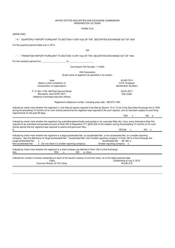 Miniature HNI Corporation
 10-Q Rapport trimestriel 2010 