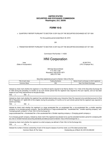 Miniature HNI Corporation
 10-Q Rapport trimestriel 2019 