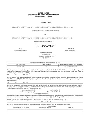 Miniature HNI Corporation
 10-Q Rapport trimestriel 2019 