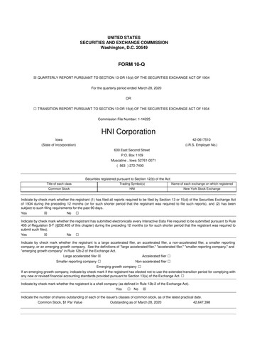 Miniature HNI Corporation
 10-Q Rapport trimestriel 2020 