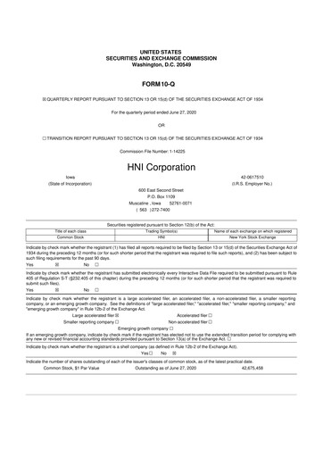 Miniature HNI Corporation
 10-Q Rapport trimestriel 2020 
