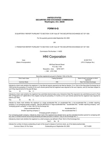 Miniature HNI Corporation
 10-Q Rapport trimestriel 2020 