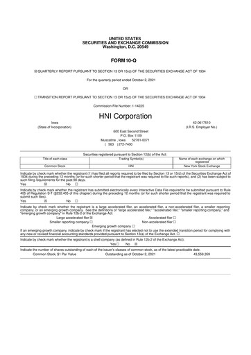 Miniature HNI Corporation
 10-Q Rapport trimestriel 2021 