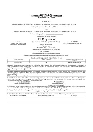 Miniature HNI Corporation
 10-Q Rapport trimestriel  