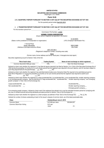 Thumbnail Hormel Foods 10-Q Quarterly Report FY2019 