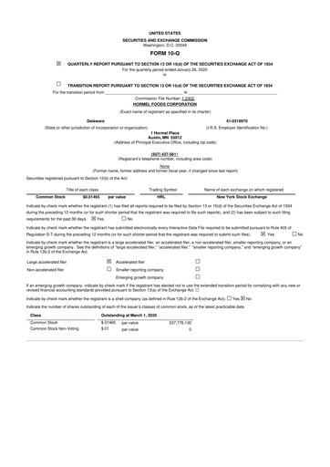 Thumbnail Hormel Foods 10-Q Quarterly Report FY2020 