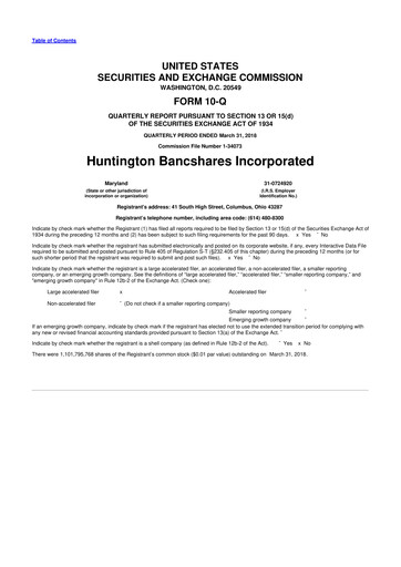Thumbnail Huntington Bancshares
 10-Q Quarterly Report FY2018 