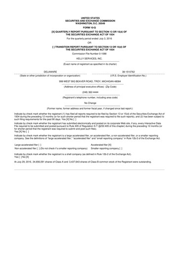 Miniature Kelly Services
 10-Q Rapport trimestriel 2016 