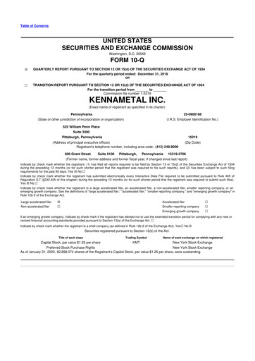 Vorschaubild Kennametal 10-Q Quartalsbericht 2020 