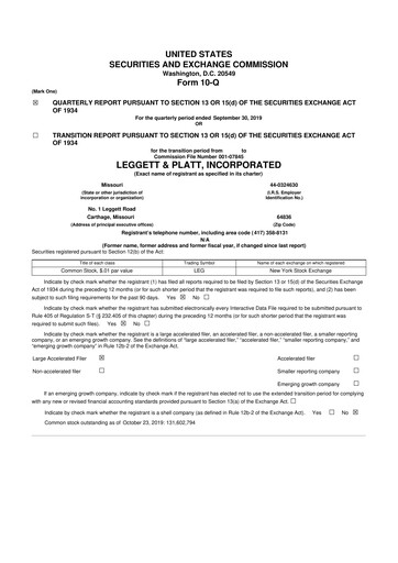 Thumbnail Leggett & Platt

 10-Q Quarterly Report FY2019 