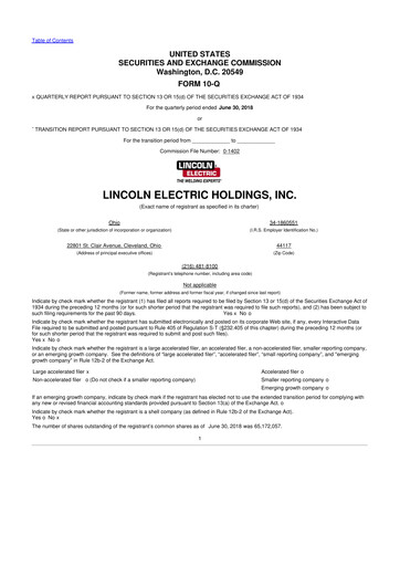 Thumbnail Lincoln Electric
 10-Q Quarterly Report FY2018 