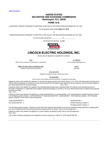 Thumbnail Lincoln Electric
 10-Q Quarterly Report FY2019 
