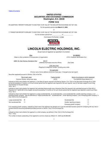 Thumbnail Lincoln Electric
 10-Q Quarterly Report FY2020 