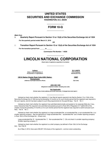 Vorschaubild Lincoln National Corporation 10-Q Quartalsbericht 2016 