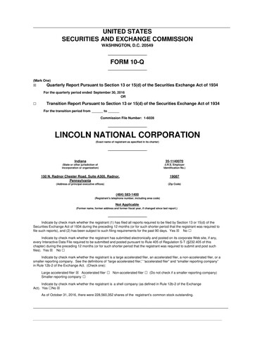 Vorschaubild Lincoln National Corporation 10-Q Quartalsbericht 2016 