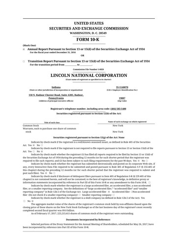 Thumbnail Lincoln National Corporation 10-K Annual Report 2016