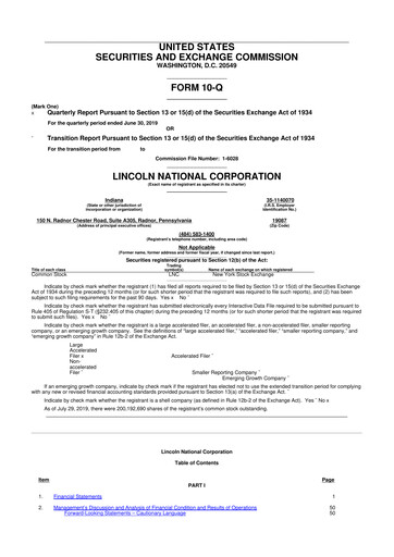 Vorschaubild Lincoln National Corporation 10-Q Quartalsbericht 2019 