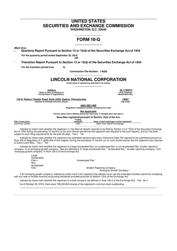 Vorschaubild Lincoln National Corporation 10-Q Quartalsbericht 2019 