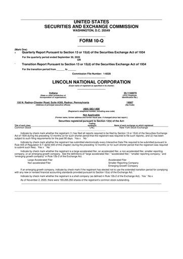 Vorschaubild Lincoln National Corporation 10-Q Quartalsbericht 2020 