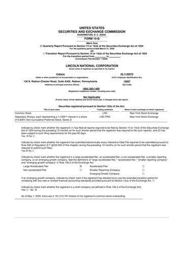 Thumbnail Lincoln National Corporation 10-Q Quarterly Report FY 