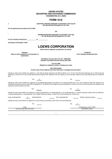 Thumbnail Loews Corporation
 10-Q Quarterly Report FY 