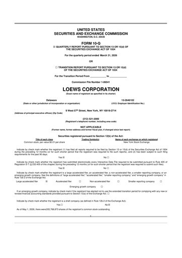 Thumbnail Loews Corporation
 10-Q Quarterly Report FY 