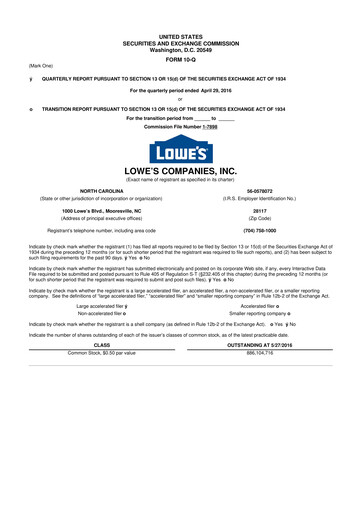 Thumbnail Lowe's Companies 10-Q Quarterly Report FY2016 