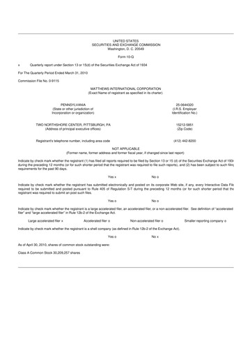 Thumbnail Matthews International Corporation
 10-Q Quarterly Report FY 