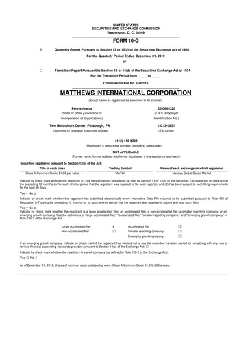 Thumbnail Matthews International Corporation
 10-Q Quarterly Report FY2020 