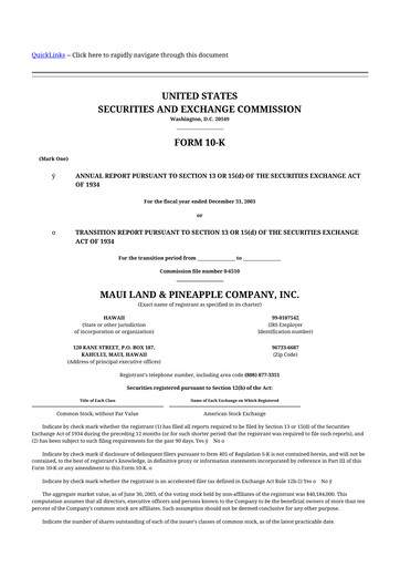 Miniature Maui Land & Pineapple Company 10-K Rapport annuel 