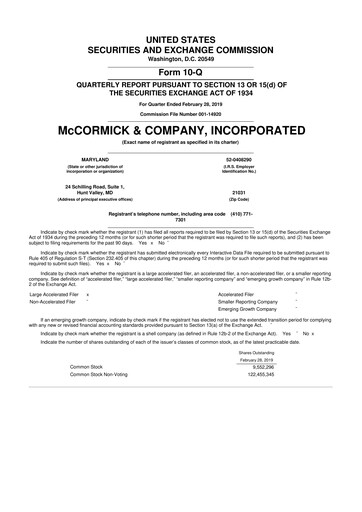 Thumbnail McCormick & Company
 10-Q Quarterly Report FY2019 