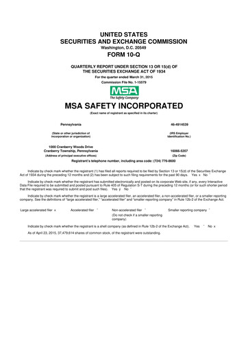 Miniature MSA Safety 10-Q Rapport trimestriel 2015 