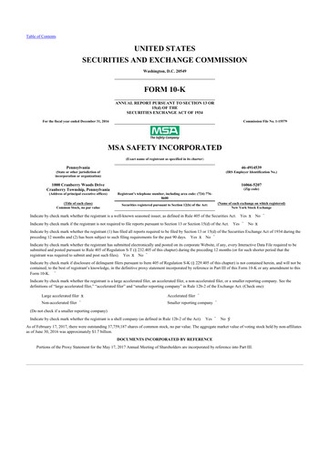 Miniature MSA Safety 10-K Rapport annuel 2016