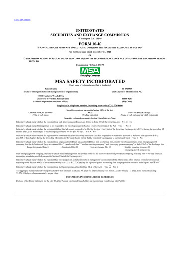 Miniature MSA Safety 10-K Rapport annuel 2021