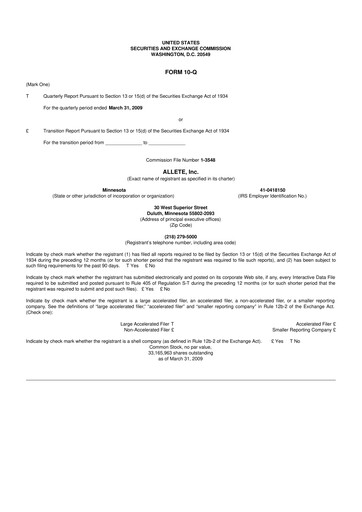 Thumbnail Allete 10-Q Quarterly Report FY 