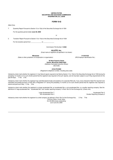 Thumbnail Allete 10-Q Quarterly Report FY 