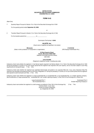 Thumbnail Allete 10-Q Quarterly Report FY 