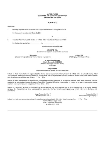 Thumbnail Allete 10-Q Quarterly Report FY 