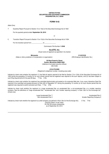 Thumbnail Allete 10-Q Quarterly Report FY2010 