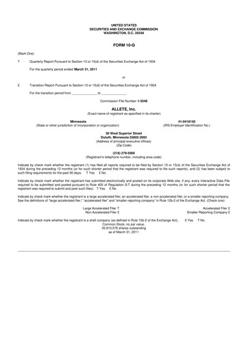 Thumbnail Allete 10-Q Quarterly Report FY2011 