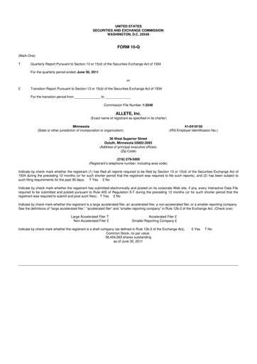 Thumbnail Allete 10-Q Quarterly Report FY2011 