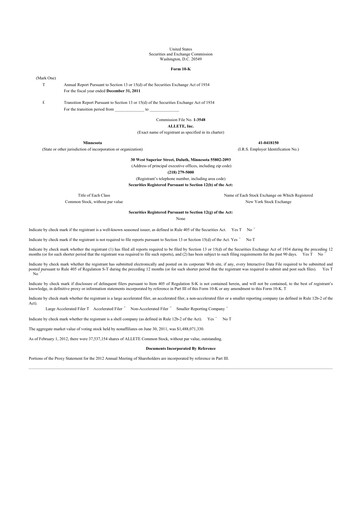 Thumbnail Allete 10-K Annual Report 2011