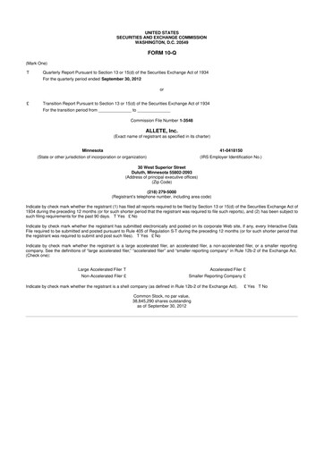 Thumbnail Allete 10-Q Quarterly Report FY2012 