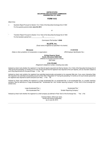 Thumbnail Allete 10-Q Quarterly Report FY2014 