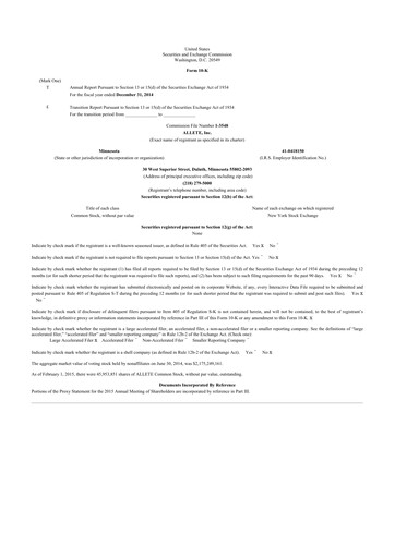 Thumbnail Allete 10-K Annual Report 2014