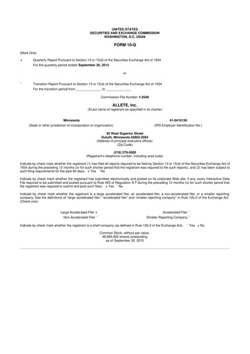 Thumbnail Allete 10-Q Quarterly Report FY2015 