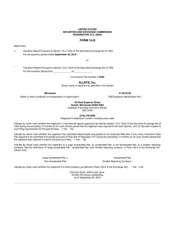 Thumbnail Allete 10-Q Quarterly Report FY2016 