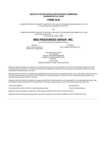 Thumbnail MDU Resources
 10-Q Quarterly Report FY2015 