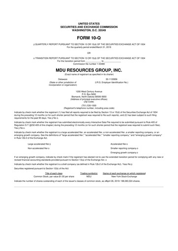 Thumbnail MDU Resources
 10-Q Quarterly Report FY2019 