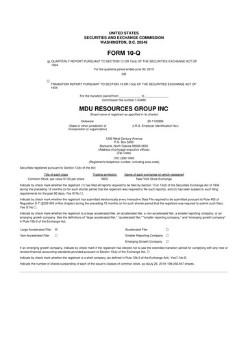 Thumbnail MDU Resources
 10-Q Quarterly Report FY2019 